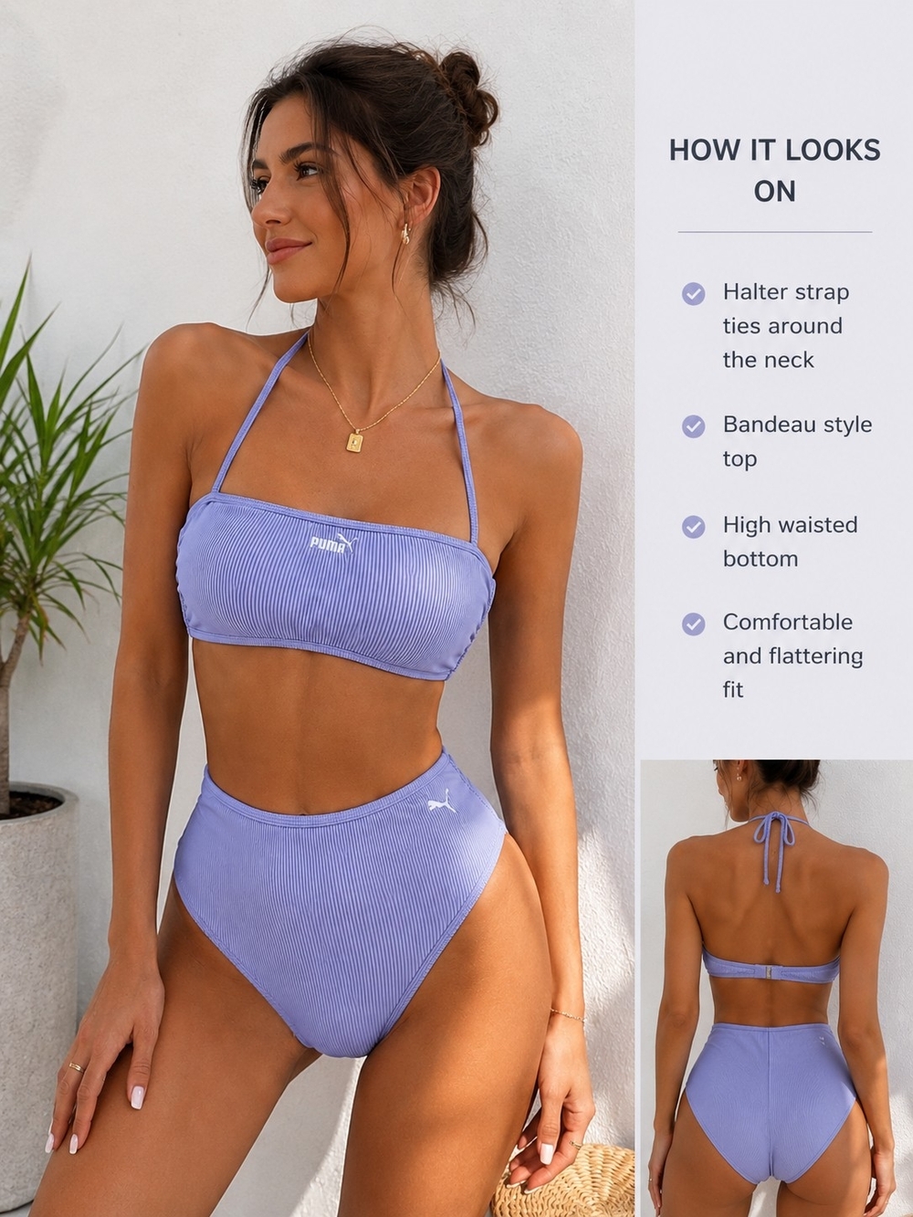 Puma Lavender Ribbed Bandeau Halter High-Waist Bikini